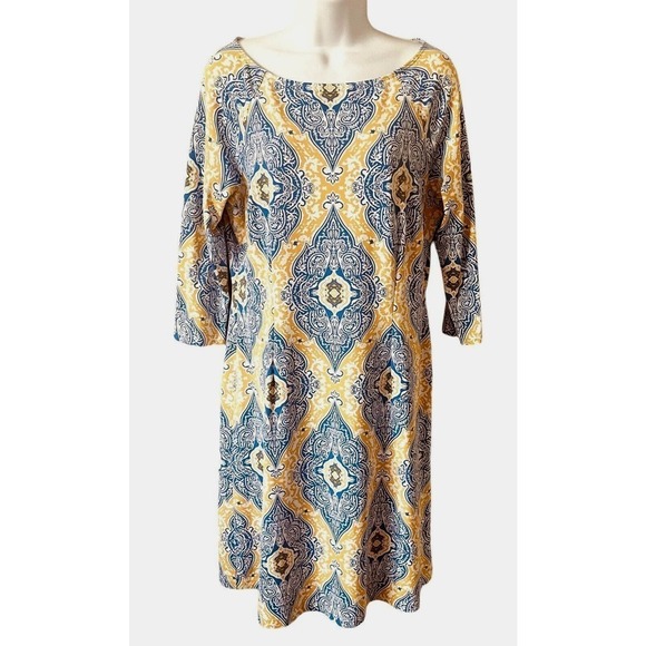 J. McLaughlin Women's Size M Dress Catalina Cloth Stretch Yellow Blue Damask - Picture 2 of 9